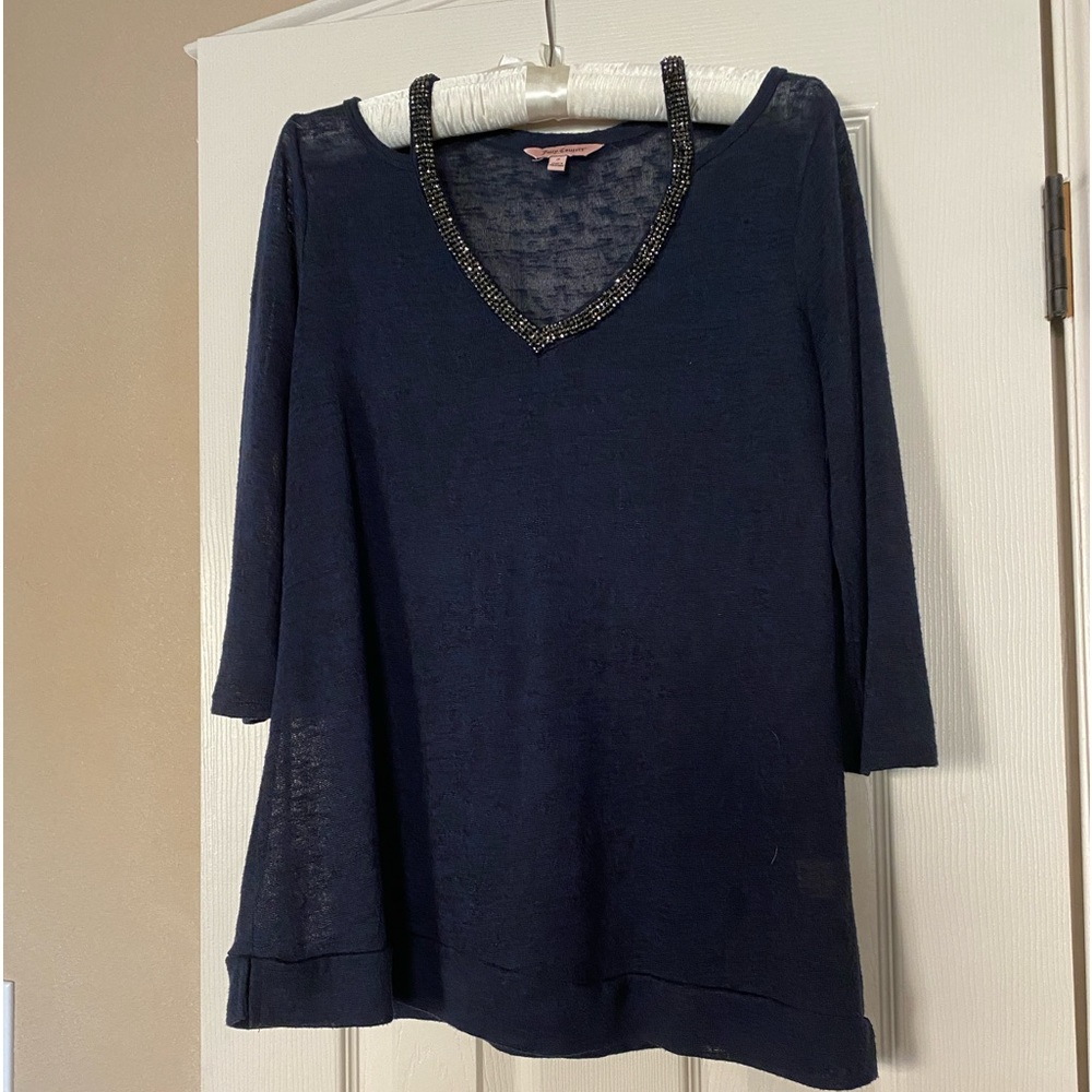 Blue Juicy Couture knit top with rhinestone neckline.